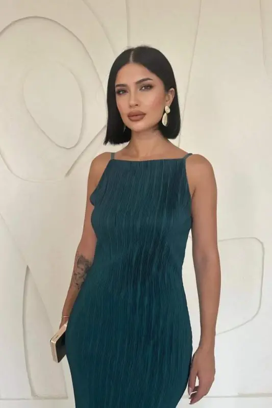 Emerald Pleated Halter Neck Dress - 2