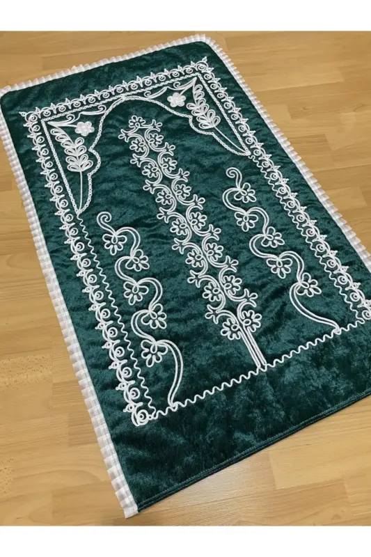 Emerald Velvet Bridal Dowry Prayer Rug Set-Green - 1
