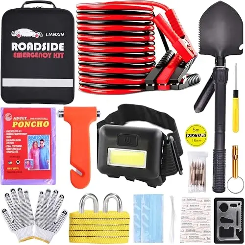 Emergency Car Kit - Premium Roadside Assistance Kit for Cars with Jumper Cables, Headlamp, Folding Shovel & Tow Strap All-in-One Vehicle Safety Kits for Winter, Travel, Survival (Men & Women) 