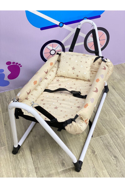 Emniyet Kemerli Sabitlenir En Geniş Anne Yanı Hamak Beşik + Yastık Hediye-Kahverengi - TURHAN BEBE (1)