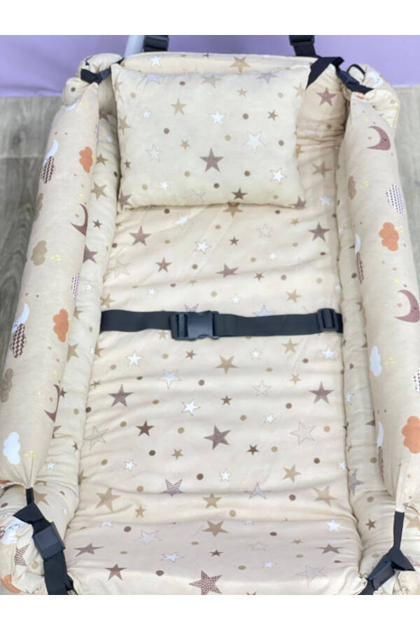 Emniyet Kemerli Sabitlenir En Geniş Anne Yanı Hamak Beşik + Yastık Hediye-Kahverengi - 4