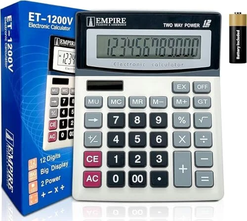 Empire Desk Calculator with Large Key Buttons, 12 Digits, Large Eye-Angled Display, Solar and Battery Powered for Home and Office (Battery Included) - EMPIRE TRADING & COMMERCE