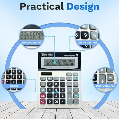 Empire Desk Calculator with Large Key Buttons, 12 Digits, Large Eye-Angled Display, Solar and Battery Powered for Home and Office (Battery Included) - 3