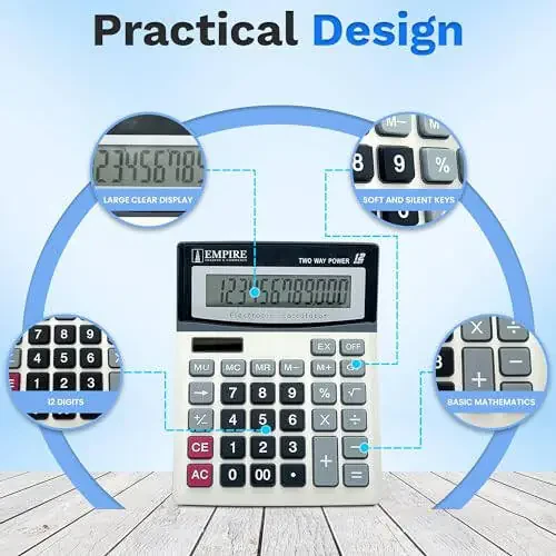 Empire Desk Calculator with Large Key Buttons, 12 Digits, Large Eye-Angled Display, Solar and Battery Powered for Home and Office (Battery Included) - 3