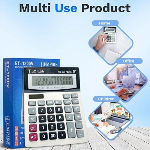 Empire Desk Calculator with Large Key Buttons, 12 Digits, Large Eye-Angled Display, Solar and Battery Powered for Home and Office (Battery Included) - 4