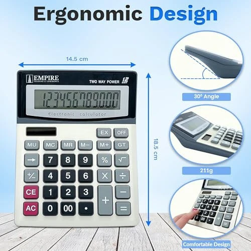 Empire Desk Calculator with Large Key Buttons, 12 Digits, Large Eye-Angled Display, Solar and Battery Powered for Home and Office (Battery Included) - 5