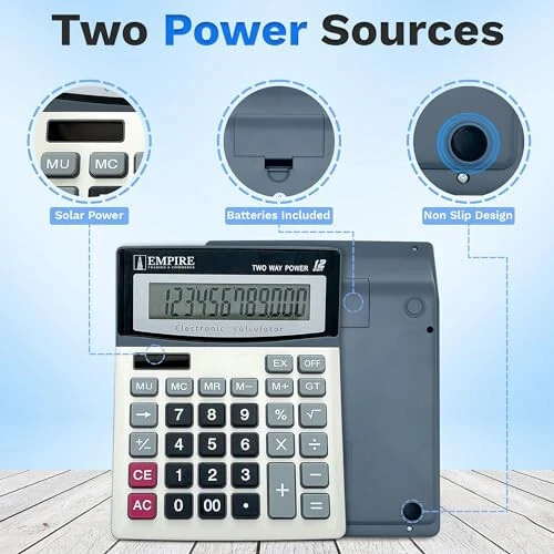 Empire Desk Calculator with Large Key Buttons, 12 Digits, Large Eye-Angled Display, Solar and Battery Powered for Home and Office (Battery Included) - 6