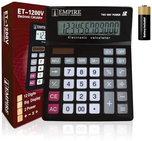 Empire Desk Calculator with Large Key Buttons, 12 Digits, Large Eye-Angled Display, Solar and Battery Powered for Home and Office (Battery Included) - EMPIRE TRADING & COMMERCE