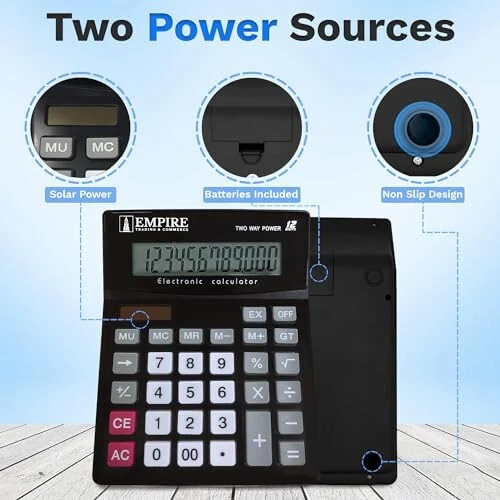Empire Desk Calculator with Large Key Buttons, 12 Digits, Large Eye-Angled Display, Solar and Battery Powered for Home and Office (Battery Included) - 3