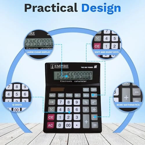 Empire Desk Calculator with Large Key Buttons, 12 Digits, Large Eye-Angled Display, Solar and Battery Powered for Home and Office (Battery Included) - 4