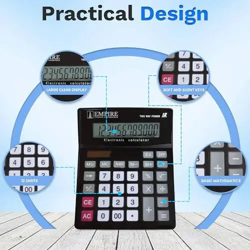 Empire Desk Calculator with Large Key Buttons, 12 Digits, Large Eye-Angled Display, Solar and Battery Powered for Home and Office (Battery Included) - 4