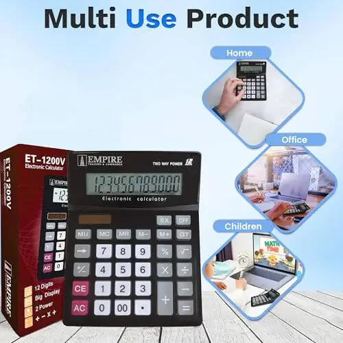 Empire Desk Calculator with Large Key Buttons, 12 Digits, Large Eye-Angled Display, Solar and Battery Powered for Home and Office (Battery Included) - 5