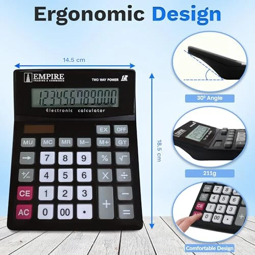 Empire Desk Calculator with Large Key Buttons, 12 Digits, Large Eye-Angled Display, Solar and Battery Powered for Home and Office (Battery Included) - 6