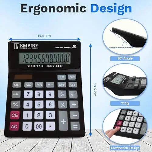 Empire Desk Calculator with Large Key Buttons, 12 Digits, Large Eye-Angled Display, Solar and Battery Powered for Home and Office (Battery Included) - 6