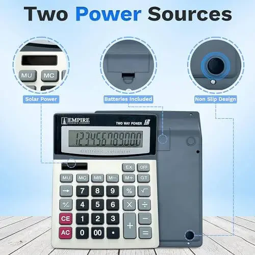 Empire stol kalkulyatori katta kalitlar, 12 raqamli, katta ko'rish burchakli displey, quyosh va batareya bilan ishlaydi, uy va ofis uchun (batareya kiritilgan) - 6