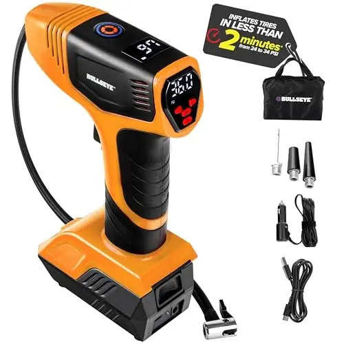 EMSON Bullseye Pro ASON TV Digital Tire Inflator Automatic 150 PSI w/Gauge Display Screen & Pre-set Pressure in KPA,PSI,BAR,Kg/cm,Built-in LED Lights,Rechargeable,Air Compressor,Car Tire Pump,Orange - 1