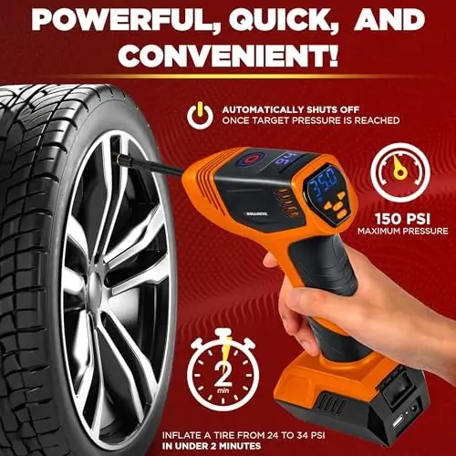 EMSON Bullseye Pro ASON TV Digital Tire Inflator Automatic 150 PSI w/Gauge Display Screen & Pre-set Pressure in KPA,PSI,BAR,Kg/cm,Built-in LED Lights,Rechargeable,Air Compressor,Car Tire Pump,Orange - 2