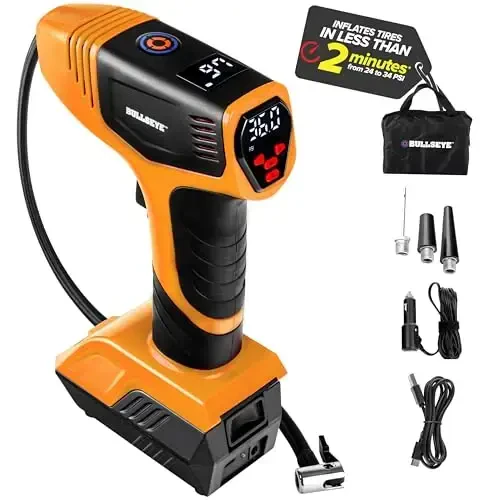 EMSON Bullseye Pro ASON TV Digital Tire Inflator Automatic 150 PSI w/Gauge Display Screen & Pre-set Pressure in KPA,PSI,BAR,Kg/cm,Built-in LED Lights,Rechargeable,Air Compressor,Car Tire Pump,Orange - 1