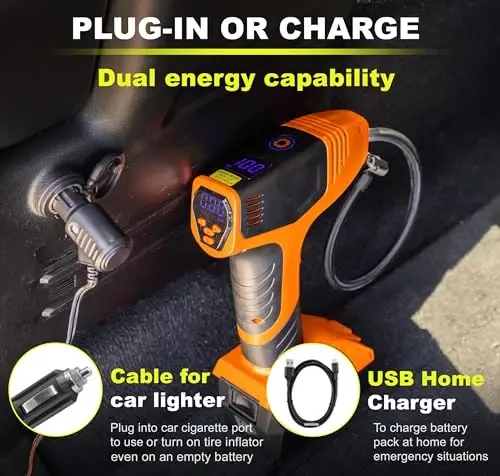 EMSON Bullseye Pro ASON TV Digital Tire Inflator Automatic 150 PSI w/Gauge Display Screen & Pre-set Pressure in KPA,PSI,BAR,Kg/cm,Built-in LED Lights,Rechargeable,Air Compressor,Car Tire Pump,Orange - 3