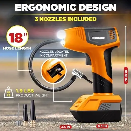 EMSON Bullseye Pro ASON TV Digital Tire Inflator Automatic 150 PSI w/Gauge Display Screen & Pre-set Pressure in KPA,PSI,BAR,Kg/cm,Built-in LED Lights,Rechargeable,Air Compressor,Car Tire Pump,Orange - 6