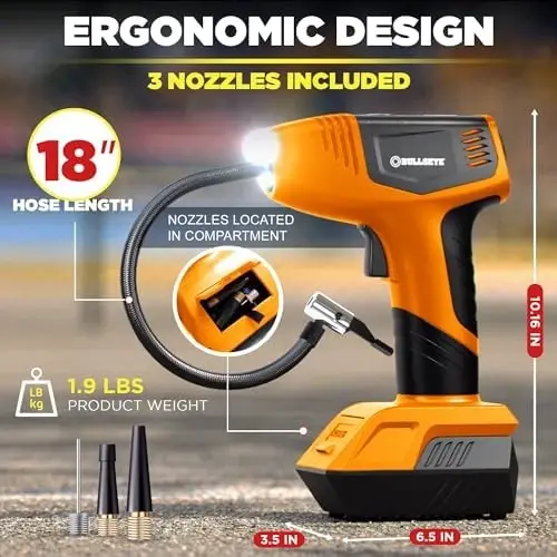 EMSON Bullseye Pro ASON TV Digital Tire Inflator Automatic 150 PSI w/Gauge Display Screen & Pre-set Pressure in KPA,PSI,BAR,Kg/cm,Built-in LED Lights,Rechargeable,Air Compressor,Car Tire Pump,Orange 