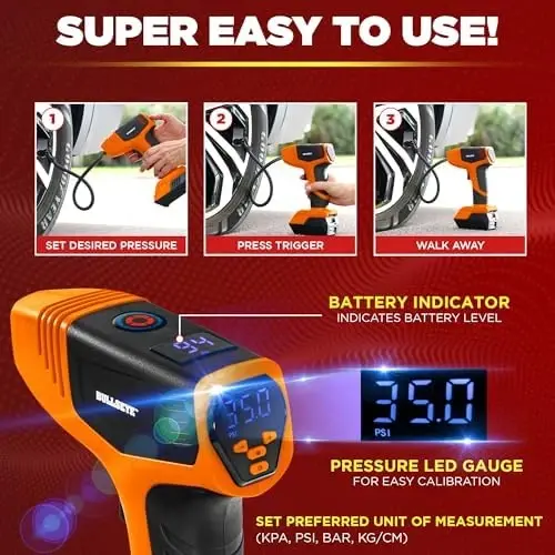 EMSON Bullseye Pro ASON TV Digital Tire Inflator Automatic 150 PSI w/Gauge Display Screen & Pre-set Pressure in KPA,PSI,BAR,Kg/cm,Built-in LED Lights,Rechargeable,Air Compressor,Car Tire Pump,Orange - 2