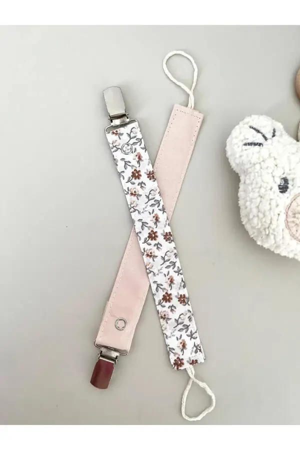 - Emzik Askısı - Emzik Zinciri - Pamuklu Kumaş - 2'li Set Kişisel Çiçekler , Vanilya - 1