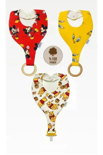 Emzik Tutucu Mama Önlüğü - Renkli Ve Desenli %100 Pamuk Kumaş Emzik Askısı Seti 3 Adet - Lumos Trade (1)