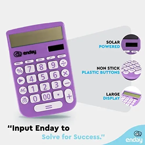 Enday Purple 12-Digit Solar Calculator - Large Display, Four Function, Perfect for Office & School - 3