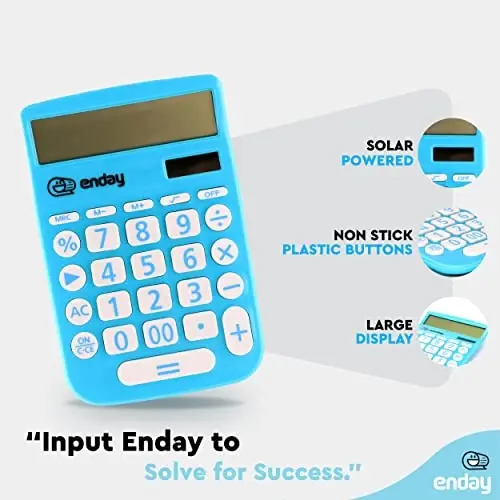 Enday Solar Powered 12-Digit Calculator - Blue, Large Display, Perfect for Office & School - 3