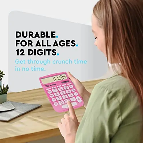 Enday Solar Powered 12-Digit Pink Calculator - Perfect for Office & School - ENDAY (1)