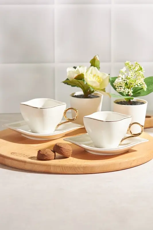 Endless Love 2 Person Coffee Cup Set White Gold 100 ml-beige - 1