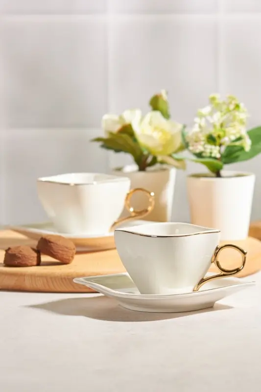 Endless Love 2 Person Coffee Cup Set White Gold 100 ml-beige - 2