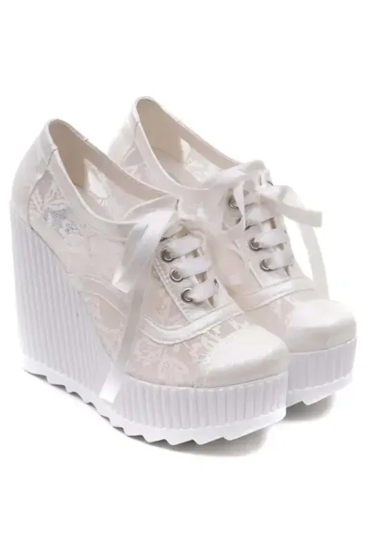 Eng yaxshi dantel baland to'piqli (12sm) to'y poyabzali OQ - 4