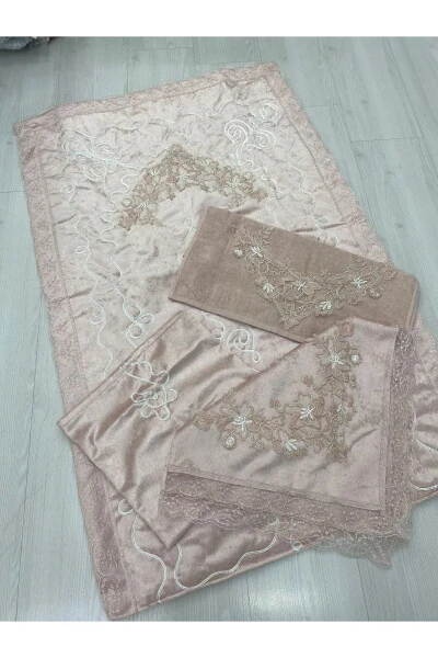 Engagement Prayer Rug Set French Lace 4 Piece Rug Set Engagement Set Prayer Rug Set Powder - Modazone