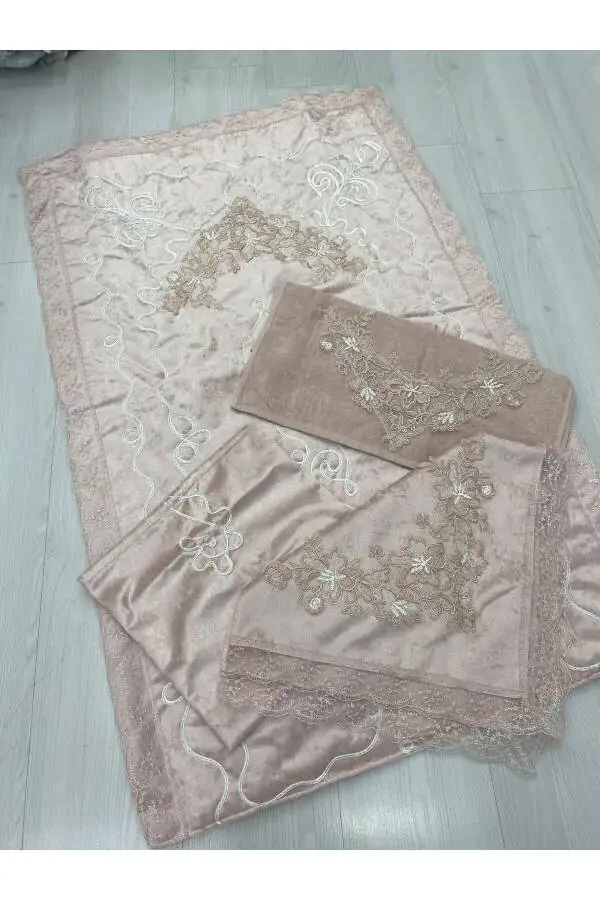 Engagement Prayer Rug Set French Lace 4 Piece Rug Set Engagement Set Prayer Rug Set Powder - 1