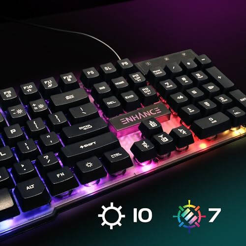 ENHANCE Voltaic 2 Gaming Keyboard - LED Backlit Membrane Keyboard with a Clear, Circuit Design, Mechanical Feeling Keyboard with Multimedia Keys, 19KRO, Anti-Ghosting - Ergonomic Keyboard for PC - 5