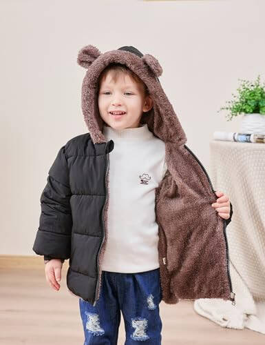 Enlifety 6M-5T Baby Toddler Winter Fleece Coat Boys Girls Cute Bear Ear Hooded Jackets with Pockets - 5