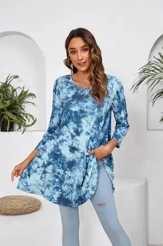 ENMAIN Ayollar tepalari 3/4 yengli oddiy katta o'lchamli tunik tepalar Leggings bilan kiyish uchun Swing Flare futbolka keng bichimli bluzkalar - 2