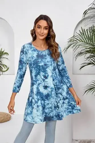 ENMAIN Ayollar tepalari 3/4 yengli oddiy katta o'lchamli tunik tepalar Leggings bilan kiyish uchun Swing Flare futbolka keng bichimli bluzkalar - 3