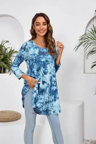 ENMAIN Ayollar tepalari 3/4 yengli oddiy katta o'lchamli tunik tepalar Leggings bilan kiyish uchun Swing Flare futbolka keng bichimli bluzkalar - 4