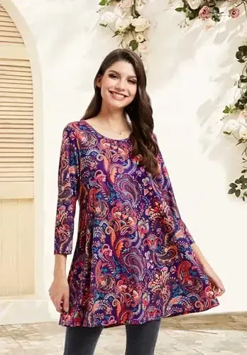 ENMAIN Ayollar tepalari 3/4 yengli oqlangan kundalik katta o'lchamli tunik tepalar Leggings bilan kiyish uchun Swing Flare futbolka Keng bichimli bluzkalar - MODAZONE (1)