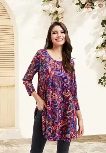 ENMAIN Ayollar tepalari 3/4 yengli oqlangan kundalik katta o'lchamli tunik tepalar Leggings bilan kiyish uchun Swing Flare futbolka Keng bichimli bluzkalar - 3