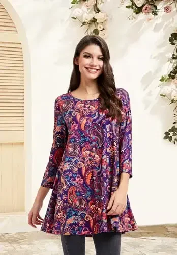 ENMAIN Ayollar tepalari 3/4 yengli oqlangan kundalik katta o'lchamli tunik tepalar Leggings bilan kiyish uchun Swing Flare futbolka Keng bichimli bluzkalar - 4