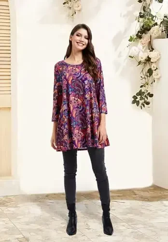 ENMAIN Ayollar tepalari 3/4 yengli oqlangan kundalik katta o'lchamli tunik tepalar Leggings bilan kiyish uchun Swing Flare futbolka Keng bichimli bluzkalar - 6