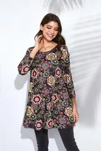 ENMAIN Ayollar tepalari 3/4 yengli oqlangan kundalik katta oʻlchamli tunika tepalari Leggings bilan kiyish uchun Swing Flare futbolka keng bichimli bluzkalar - 4