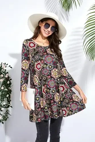 ENMAIN Ayollar tepalari 3/4 yengli oqlangan kundalik katta oʻlchamli tunika tepalari Leggings bilan kiyish uchun Swing Flare futbolka keng bichimli bluzkalar - 6