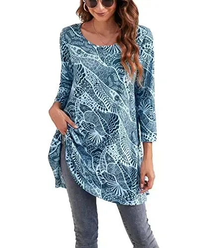 ENMAIN Ayollar toplamlari 3/4 yengli katta o'lchamli tunikalar Leggings bilan kiyish uchun nafis kundalik keng bluzkalar Swing Flare futbolka S-5XL - ENMAIN