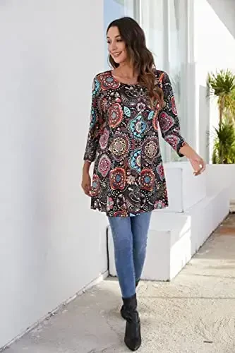 ENMAIN Ayollar toplamlari 3/4 yengli katta o'lchamli tuniklar Leggings bilan kiyish uchun Hasmatdor kundalik keng bluzkalar Swing Flare futbolka S-5XL - 5