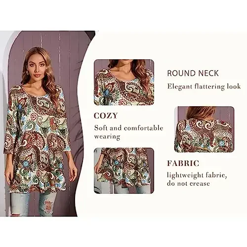 ENMAIN Ayollar Tunik Toplari 3/4 Qisma Kattaroq Razmer Bo'sh Tuniklar Shimlar uchun Hashamatli Kundalik Paisley Gul Swing Flare Top - 6